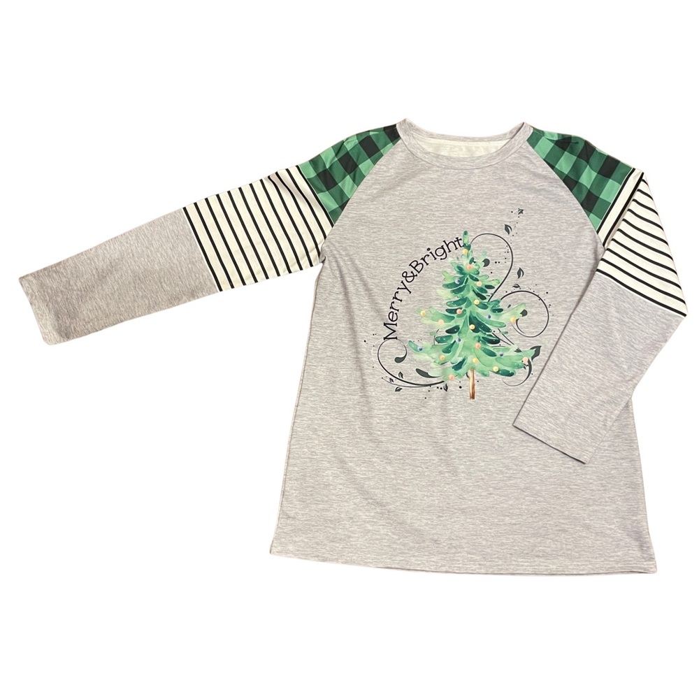 Long-Sleeve 'Merry & Bright'  Holiday T-Shirt,  Large, Gray and Green